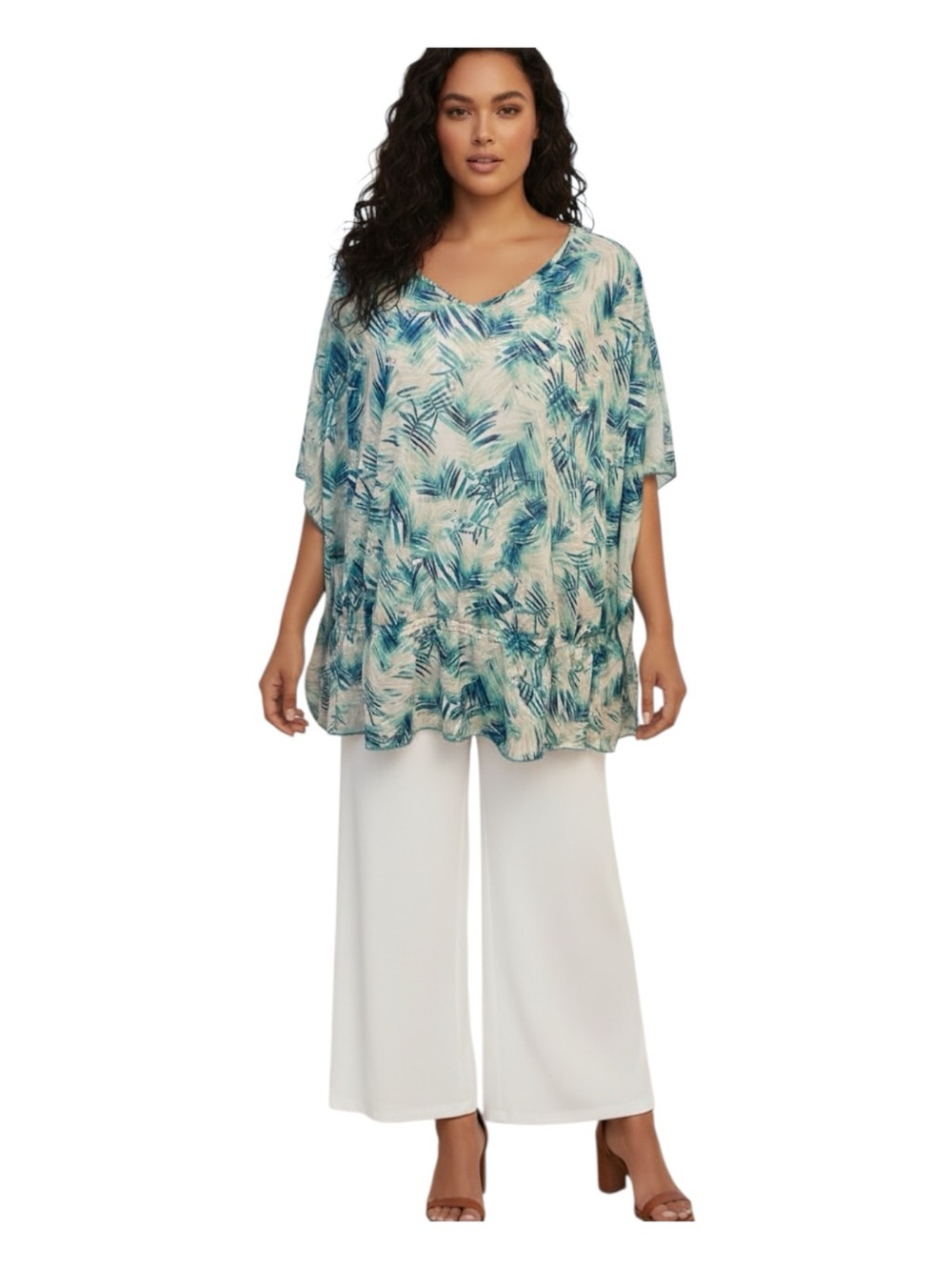 Lane Bryant Plus Size 18/20 Teal Palm-Print V-Neck Tunic